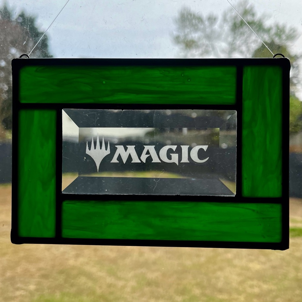 Handcrafted, handmade Stained Glass Magic MTG Iridescent Green Border Etched Be…